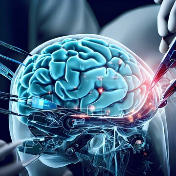 AI-generated illustration depicts a human brain with a futuristic robotic body.  The robotic body is shown in a metallic silver color with red and blue lights.