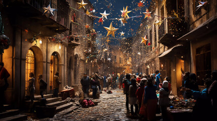 Posada navideña en un pueblo mexicano sobre la calle adornada con estrellas multicolores  gente...