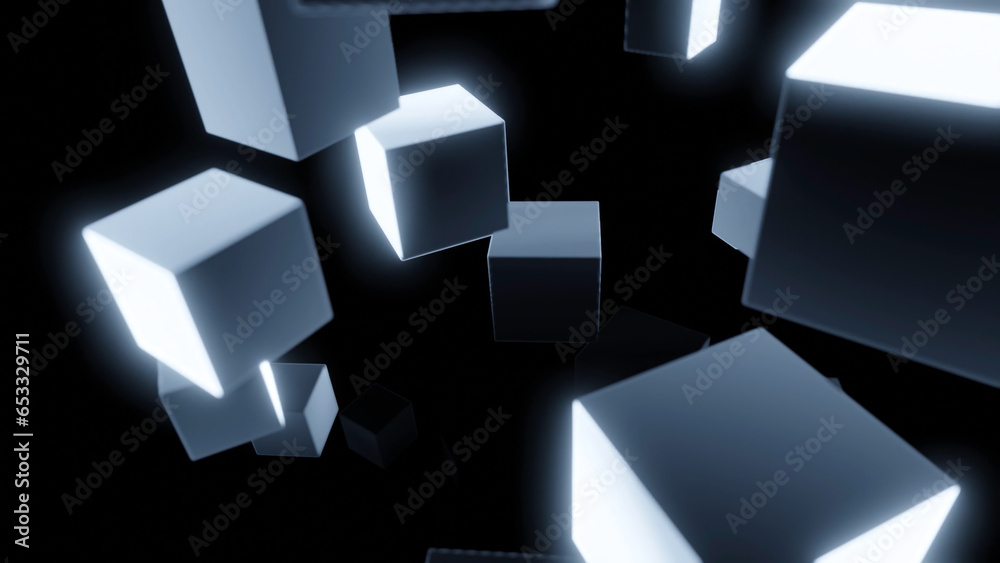 Poster 3d cubes rotate in air. design. glowing 3d cubes move in space on black background. cubes rotate in 