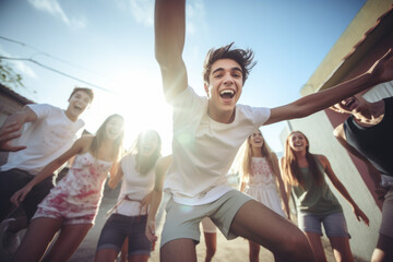 group of teenagers jumping - obrazy, fototapety, plakaty