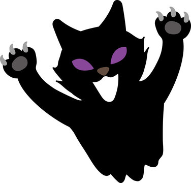 Halloween illustration element of spooky hissing and intimidating black cat with purple eyes. funny, fun and cute background material