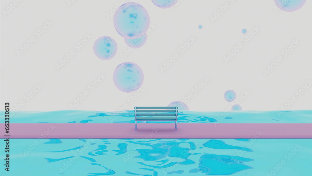 Poster 3d animation with soap bubbles. design. 3d space with bench and colored river on background of soap 