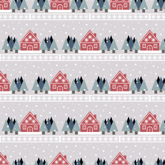 Scandinavian seamless pattern with houses and fir trees. vector - 653330597