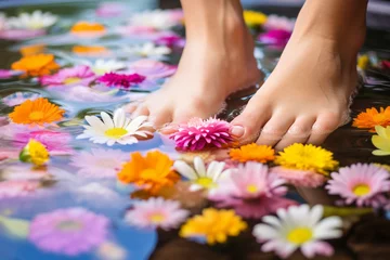 Papier Peint photo Pédicure Beautiful pedicured feet and manicured hands with colorful spring daisies in a spa
