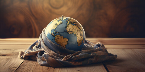 Closeup of a terrestrial globe with a piece of cloth Cloth and Continents Terrestrial Globe Up Close with brown background Ai Generative
 - obrazy, fototapety, plakaty