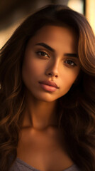 Naklejka premium Portrait of Stunning Young Indian Woman with Black Hair Captured in Golden Hour and Natural Light, High-Quality Beauty Photography