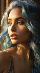 Naklejka premium Portrait of Stunning Young Latino Woman with Blue Hair Captured in Golden Hour and Natural Light, High-Quality Beauty Photography