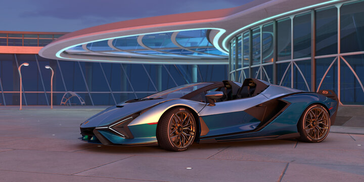 lamborghini Sian Roadster car 2021 in a futuristic environment