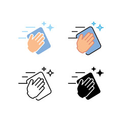 Wipe your hands with a cloth, rag or napkin. Clean hands after washing. Wipe and rag as cleaning or sanitize tool. Hand wiping with cloth icon. Vector illustration. Design