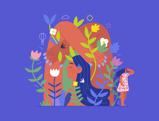 Greenery, ecology -modern flat vector concept illustration of a mural of a woman, surrounded by plants. Metaphor of environmental sustainability and protection, closeness to nature