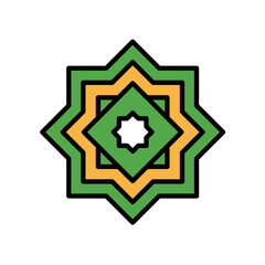 Two overlapping square fo arabic calligraphy. Spiritual tradition. Quran, Emblems and flag. Rub el hizb, eight pointed star, arab culture icon. Vector illustration. Design