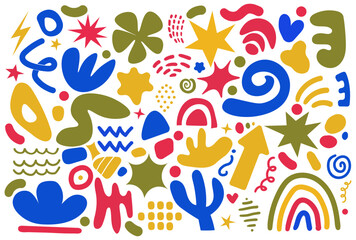 Set of abstract shapes drawn by hand. Colorful background with doodle nature forms. Vector illustration