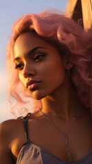 Fototapeta premium Portrait of Stunning Young Latino Woman with Pink Hair Captured in Golden Hour and Natural Light, High-Quality Beauty Photography