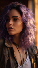 Portrait of Stunning Young idian Woman with Purple Hair Captured in Golden Hour and Natural Light, High-Quality Beauty Photography