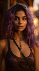 Fototapeta premium Portrait of Stunning Young idian Woman with Purple Hair Captured in Golden Hour and Natural Light, High-Quality Beauty Photography