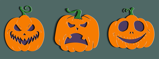 Halloween pumpkin set with unique expresion in paper cut style.