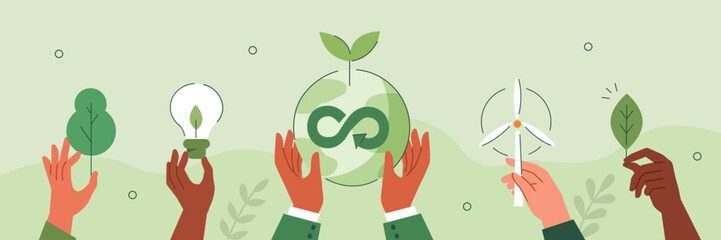 
Climate change illustration set. Collections of hands holding planet earth and other objects as metaphor for green energy, forest conservation and sustainability. Vector illustration. - 653333943