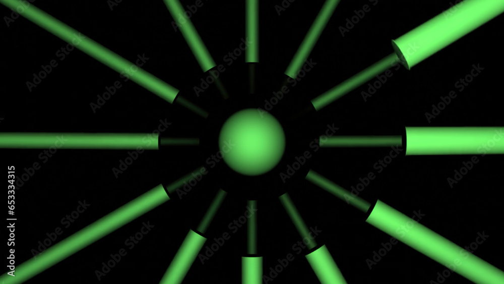 Poster rotating 3d spiral of lines on black background. design. 3d lines move in spirals in dark space. 3d 