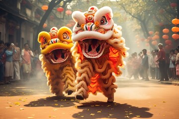 Traditional colorful chinese lion - obrazy, fototapety, plakaty