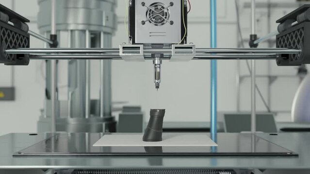 Timelapse of the futuristic 3d printing machine manufacturing human limbs. Timelapse of printing machine building realistic robotic hand. Timelapse of a machine printing black hand replacement.