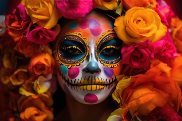 A girl with flowers and makeup to celebrate the Day of the Dead