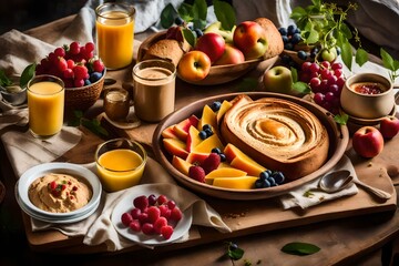 healthy breakfast, A breakfast scene bathed in soft morning light, showcasing a nutritious spread of colorful fruits, freshly baked whole-grain bread, and a creamy bowl of hummus - obrazy, fototapety, plakaty