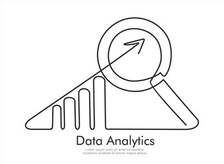 Continuous one line drawing of increasing up arrows bar graph  and magnifying glass. Data analytics. Search. Hand drawn design vector illustration.
