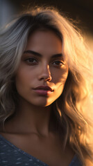 Fototapeta premium Portrait of Stunning Young Latino Woman with Blond Hair Captured in Golden Hour and Natural Light, High-Quality Beauty Photography