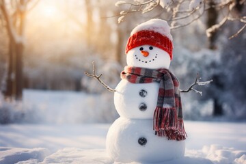 Snowman is standing in the snow with hat and scarf, christmas winter scene background. Merry christmas and happy new year greeting card with copy space.
