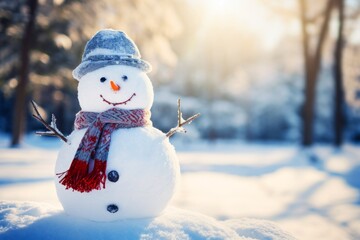 Fototapeta premium Snowman is standing in the snow with hat and scarf, christmas winter scene background. Merry christmas and happy new year greeting card with copy space. 