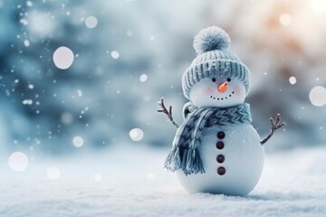 Fototapeta premium Snowman is standing in the snow with hat and scarf, christmas winter scene background. Merry christmas and happy new year greeting card with copy space. 
