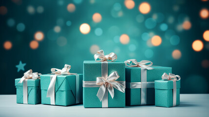 Giftbox on green background with copyspace for your design. Happy Birthday concept. Generative AI