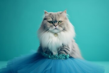 Environmental portrait photography of a cute british longhair cat wearing a princess dress against a teal blue background. With generative AI technology