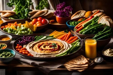 breakfast fruits and salad , A breakfast tableau that exudes health and vitality, featuring a generous serving of hummus accompanied by a rainbow of freshly sliced vegetables and warm, toasted pita br - obrazy, fototapety, plakaty