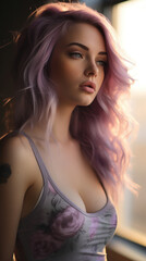 Naklejka premium Portrait of Stunning Young Latino Woman with Purple Hair Captured in Golden Hour and Natural Light, High-Quality Beauty Photography