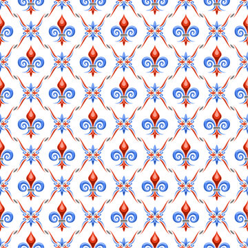 Vector Fleur de Lis Seamless Pattern, repeat background with illustrations of lattice pattern and fleur de lis in rhombus cells, square poster with red and blue french art ornament on white background
