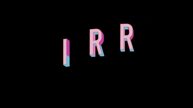 Bright letters jump merrily in the inscription IRR ISO code currency. Retro. Alpha channel black. Looped from frame 120 to 240, Alpha BW at the end