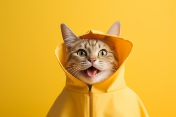 Medium shot portrait photography of a smiling serengeti cat wearing a shark fin costume against a pastel yellow background. With generative AI technology - obrazy, fototapety, plakaty