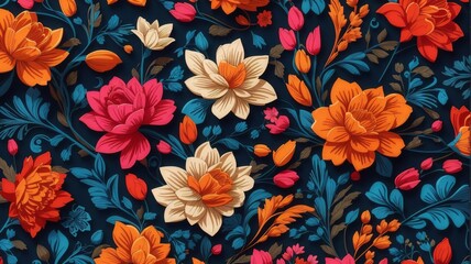 A Detailed Illustration Of A Seamless Pattern Floral Design, Intricate, High Quality, Vibrant Colors.