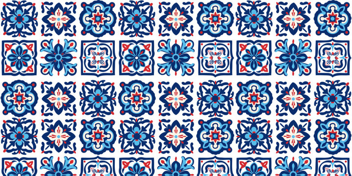 seamless pattern with blue, white and red Portuguese ceramic traditional Azulejo tiles. Ethnic Portuguese Geometric Indigo Repeat Wall Floor Pattern. Arabic decorative background.