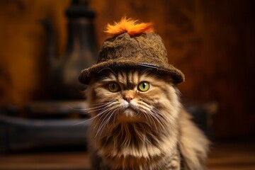 Medium shot portrait photography of a funny persian cat wearing a dinosaur hat against a rustic...