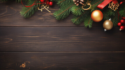Fototapeta na wymiar Christmas background with fir tree and decor. Top view. Generative AI