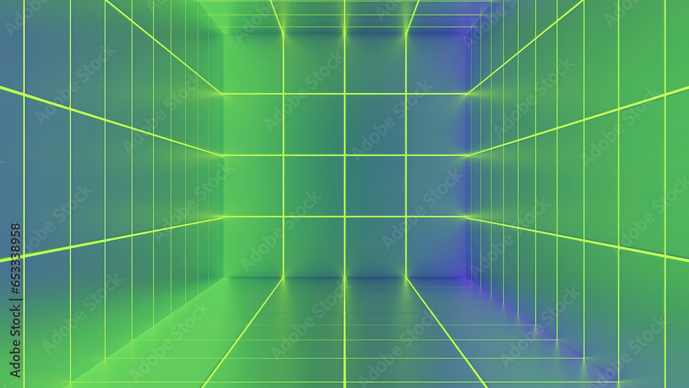 Poster colorful virtual cyber tunnel with grid. design. cyber grid with colorful 3d tunnel. square colorful