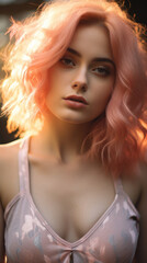 Portrait of Stunning Young Woman with Pink Hair Captured in Golden Hour and Natural Light, High-Quality Beauty Photography