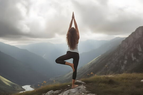 Premium Photo  Beautiful woman practicing yoga at mountain peak with  mountain and sky background, fitness concept.