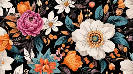 Badkamer foto achterwand A Detailed Illustration Of Seamless Patterns, Boho, Summer Flowers, White Background. © Evolved Design