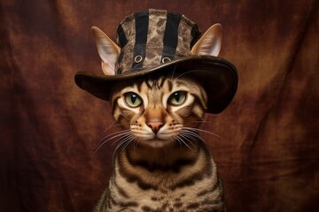 Medium shot portrait photography of a funny ocicat cat wearing a pirate hat against a rustic brown...