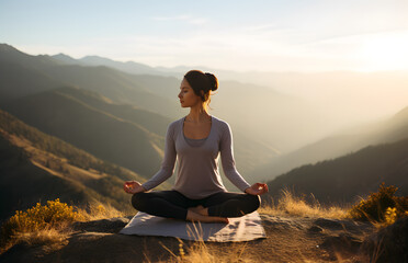 Fototapeta na wymiar Young woman doing yoga outdoor. Background of beautiful mountains