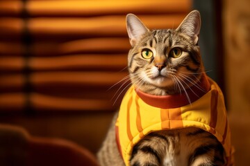 Lifestyle portrait photography of a happy serengeti cat wearing a cheeseburger costume against a rustic brown background. With generative AI technology - obrazy, fototapety, plakaty