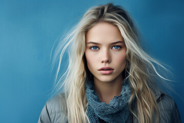 Fototapeta premium Generative Ai portrait of young woman natural beauty wear winter season clothes isolated on blue color background